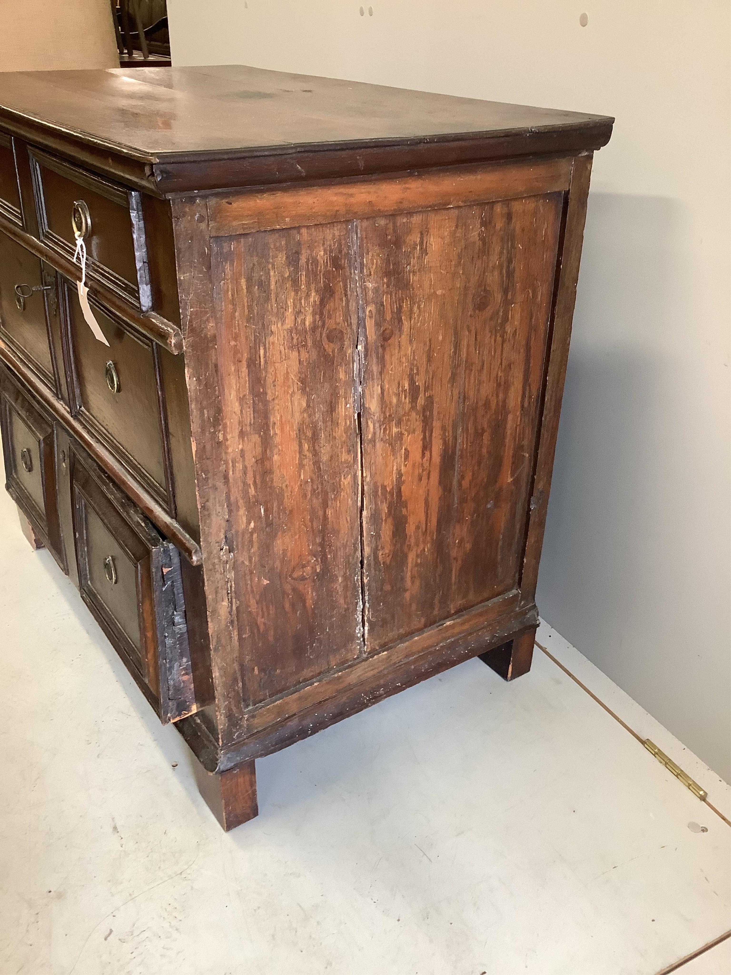 A small 18th century oak three drawer chest, width 89cm, depth 54cm, height 80cm. Condition - fair